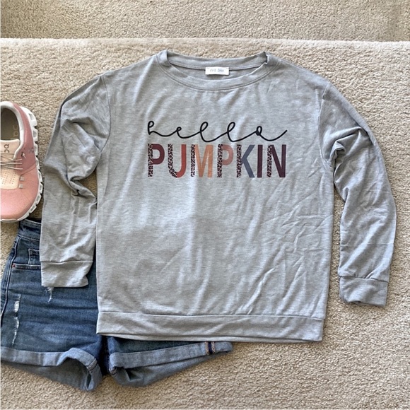 HELLO PUMPKIN Grey Long Sleeve Pullover/Top - Picture 3 of 6